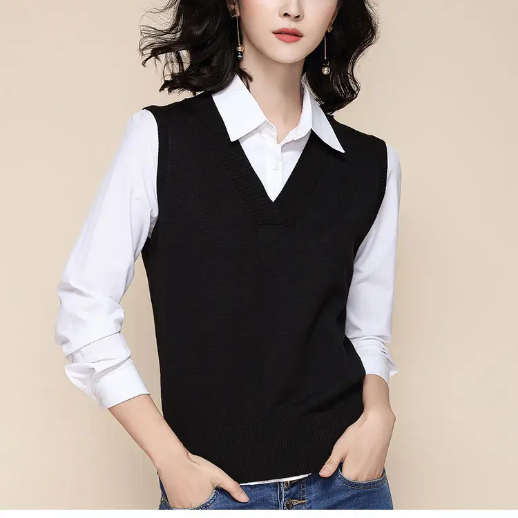Women Knitted V-Neck Vest Navy Plus Size - Image 11