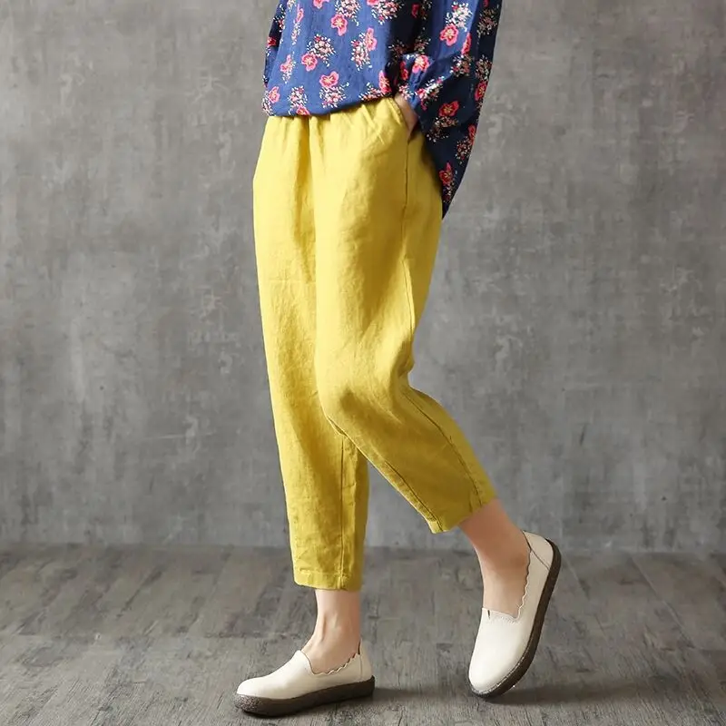 Plus Size Cotton Linen Nine Point Pants Orange