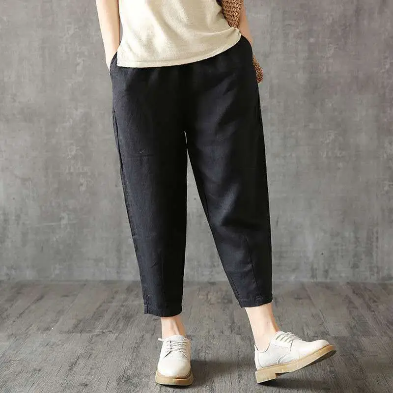 Plus Size Cotton Linen Nine Point Pants Orange