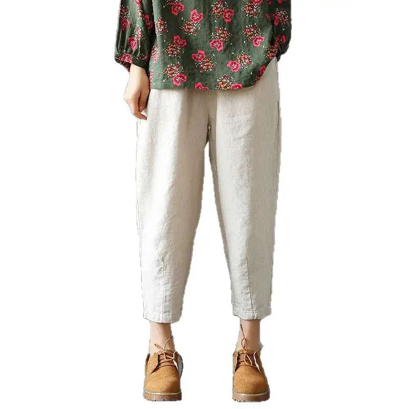 Plus Size Cotton Linen Nine Point Pants Orange