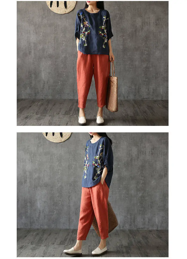Plus Size Cotton Linen Nine Point Pants Orange — feature 10