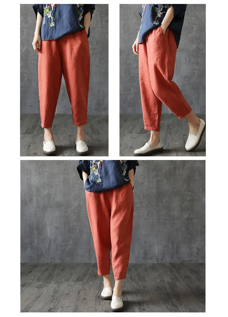 Plus Size Cotton Linen Nine Point Pants Orange — feature 11