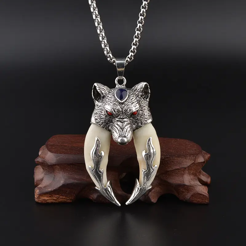 Wolf Tooth Necklace with Flame Design for Men Women - Image 3