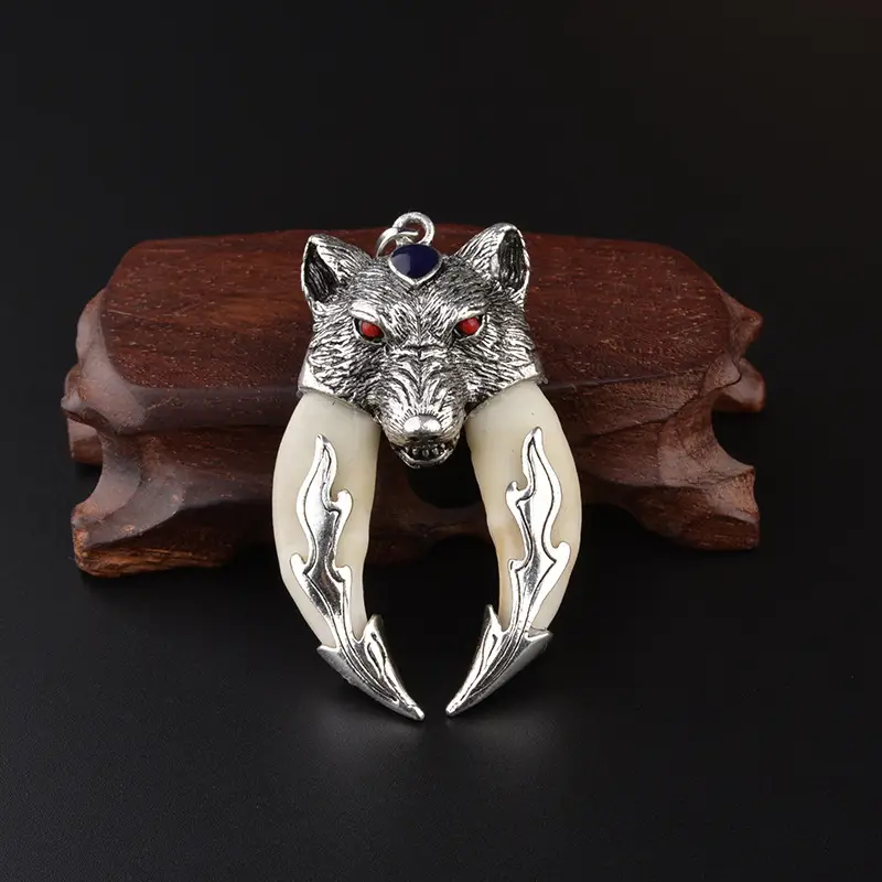 Wolf Tooth Necklace with Flame Design for Men Women - Image 4