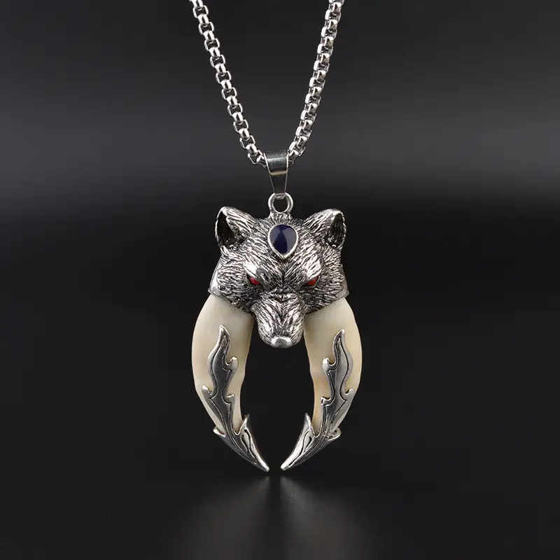 Wolf Tooth Necklace with Flame Design for Men Women - Image 5