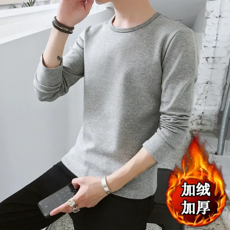 Men Fleece Lined Long Sleeve T-Shirt White
