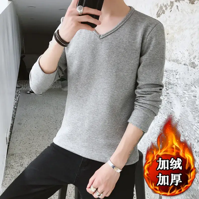 Men Fleece Lined Long Sleeve T-Shirt White
