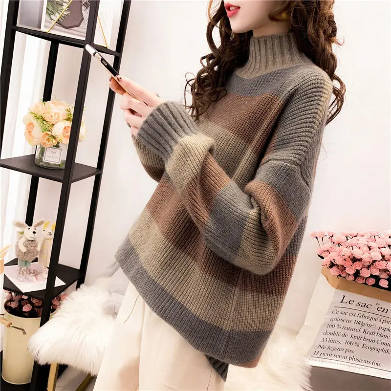 Women's Thick Knit Half Turtleneck Sweater Brown Grey - Image 4