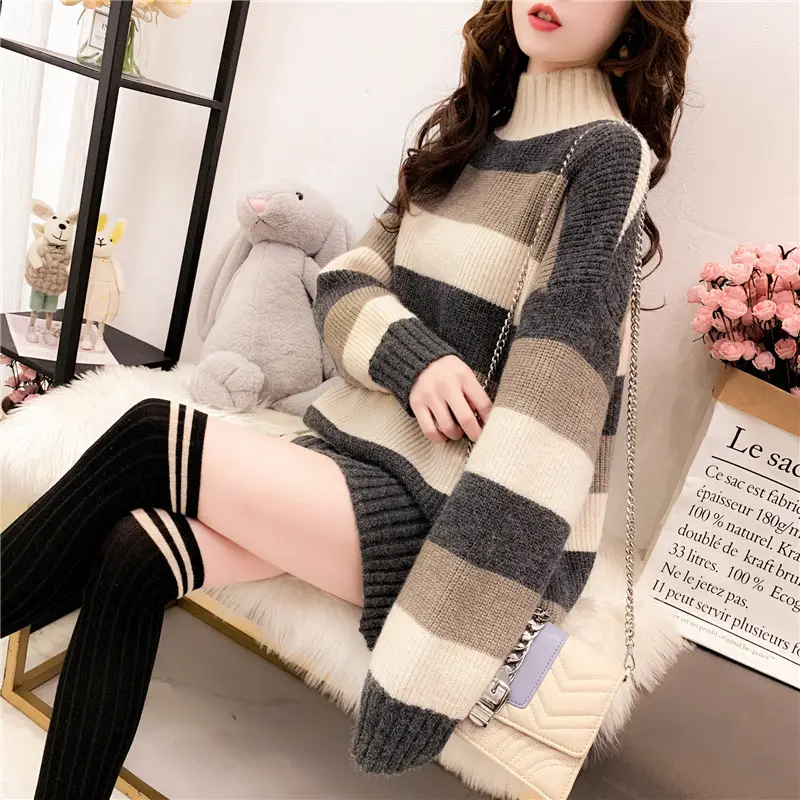 Women's Thick Knit Half Turtleneck Sweater Brown Grey - Image 5