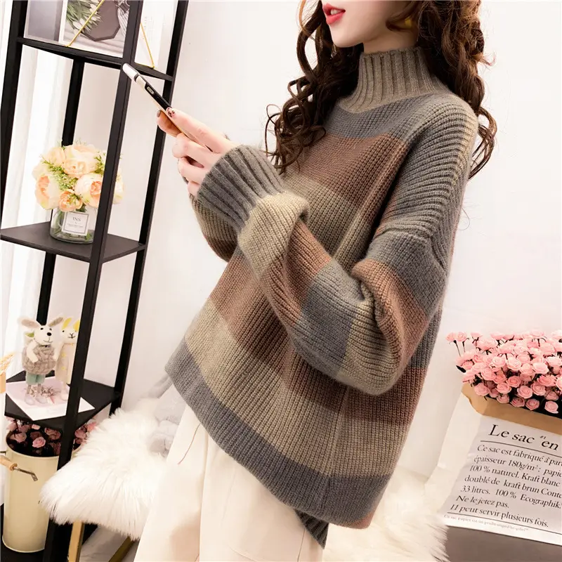Women's Thick Knit Half Turtleneck Sweater Brown Grey - Image 6
