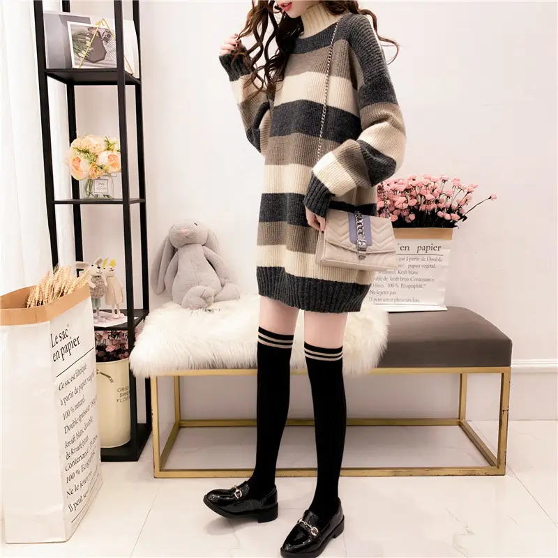 Women's Thick Knit Half Turtleneck Sweater Brown Grey - Image 7