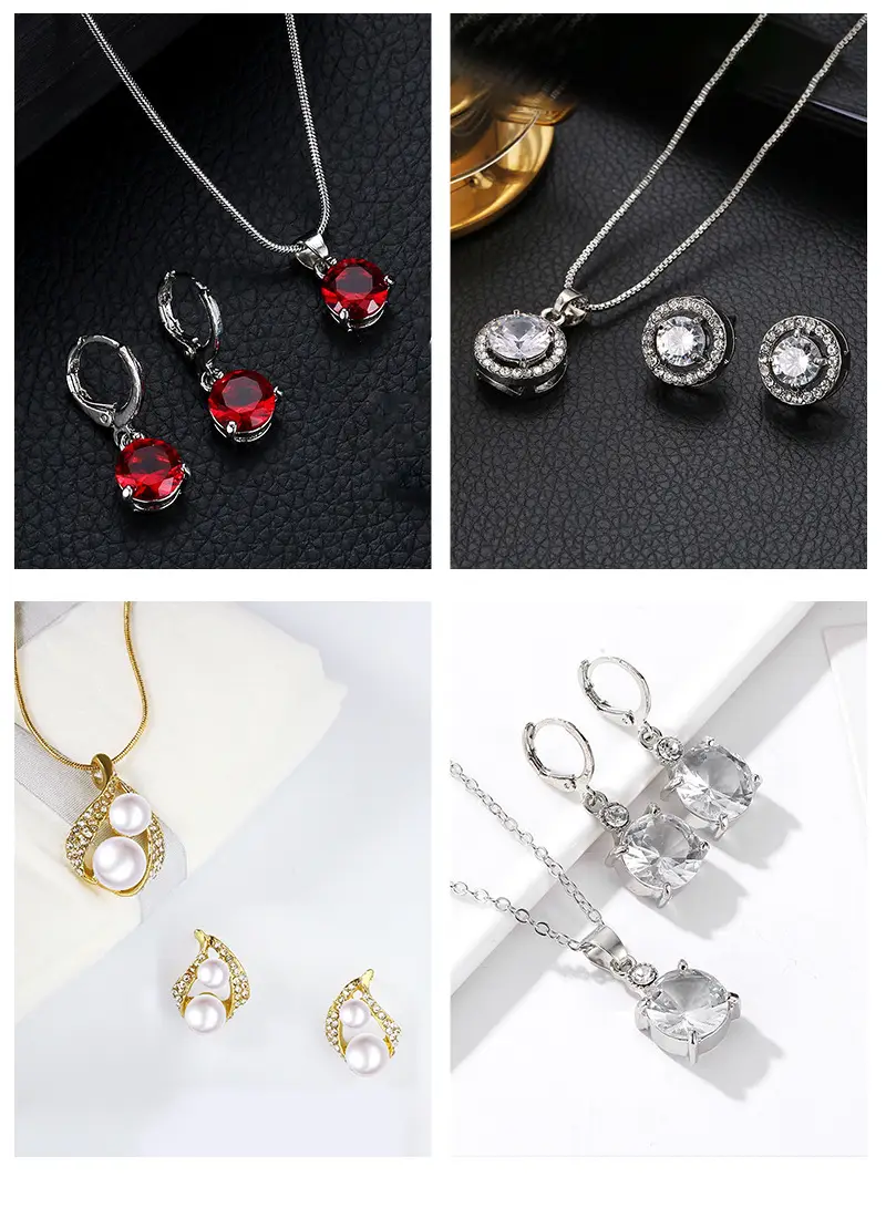 Elegant Diamond Zircon Necklace Earrings Set Gold Plated — feature 12