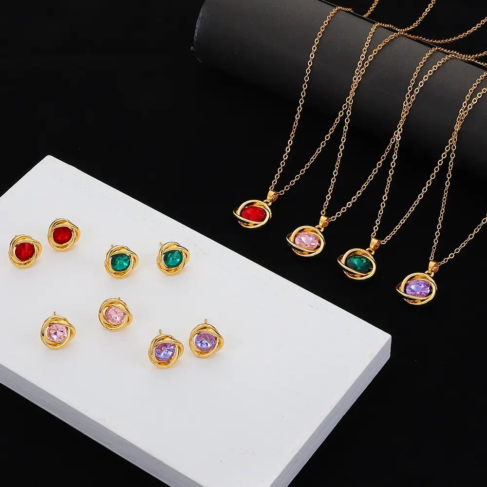 Elegant Diamond Zircon Necklace Earrings Set Gold Plated — feature 23