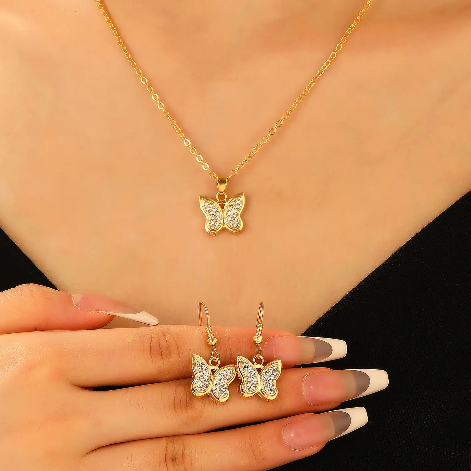 Elegant Diamond Zircon Necklace Earrings Set Gold Plated — feature 24