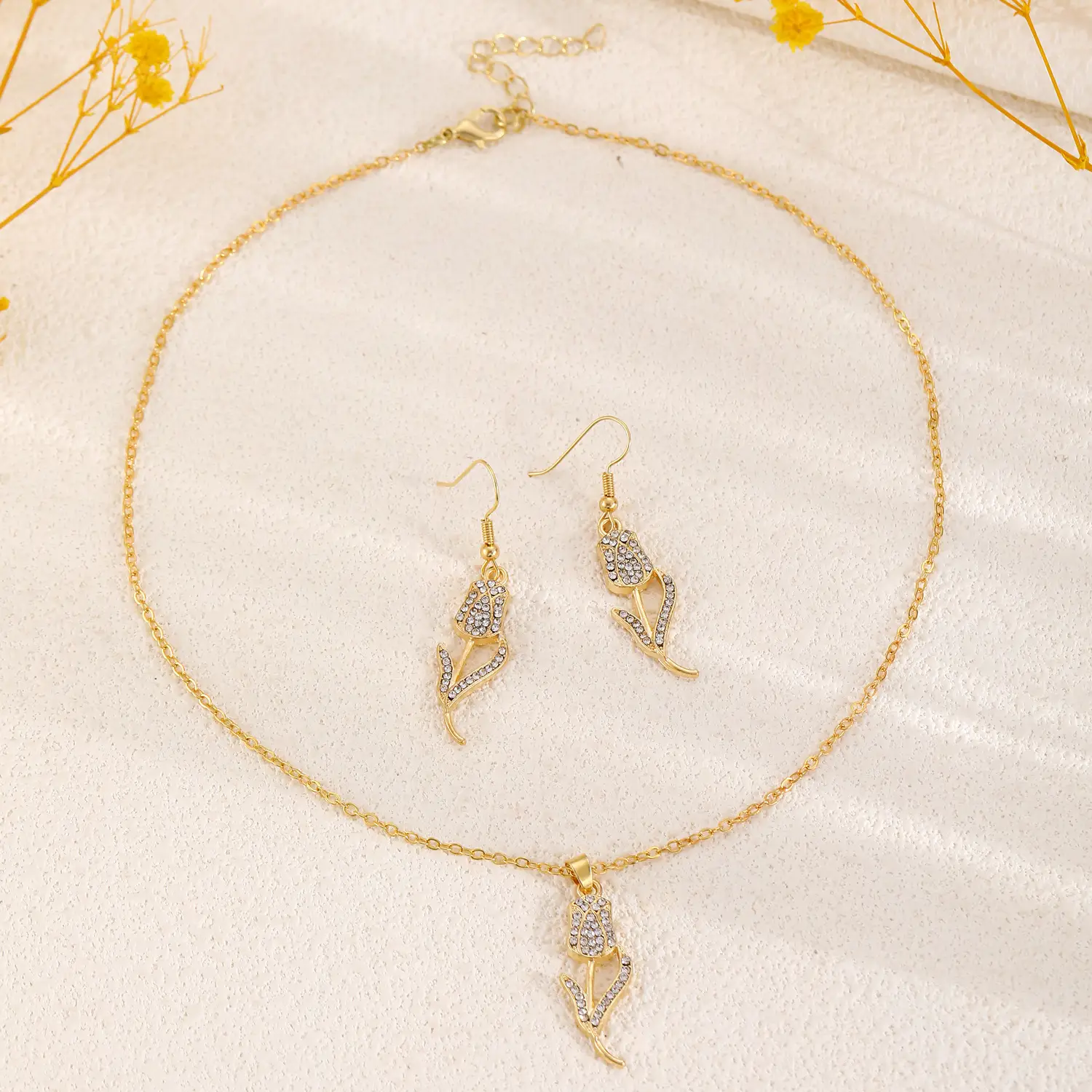 Elegant Diamond Zircon Necklace Earrings Set Gold Plated — feature 25