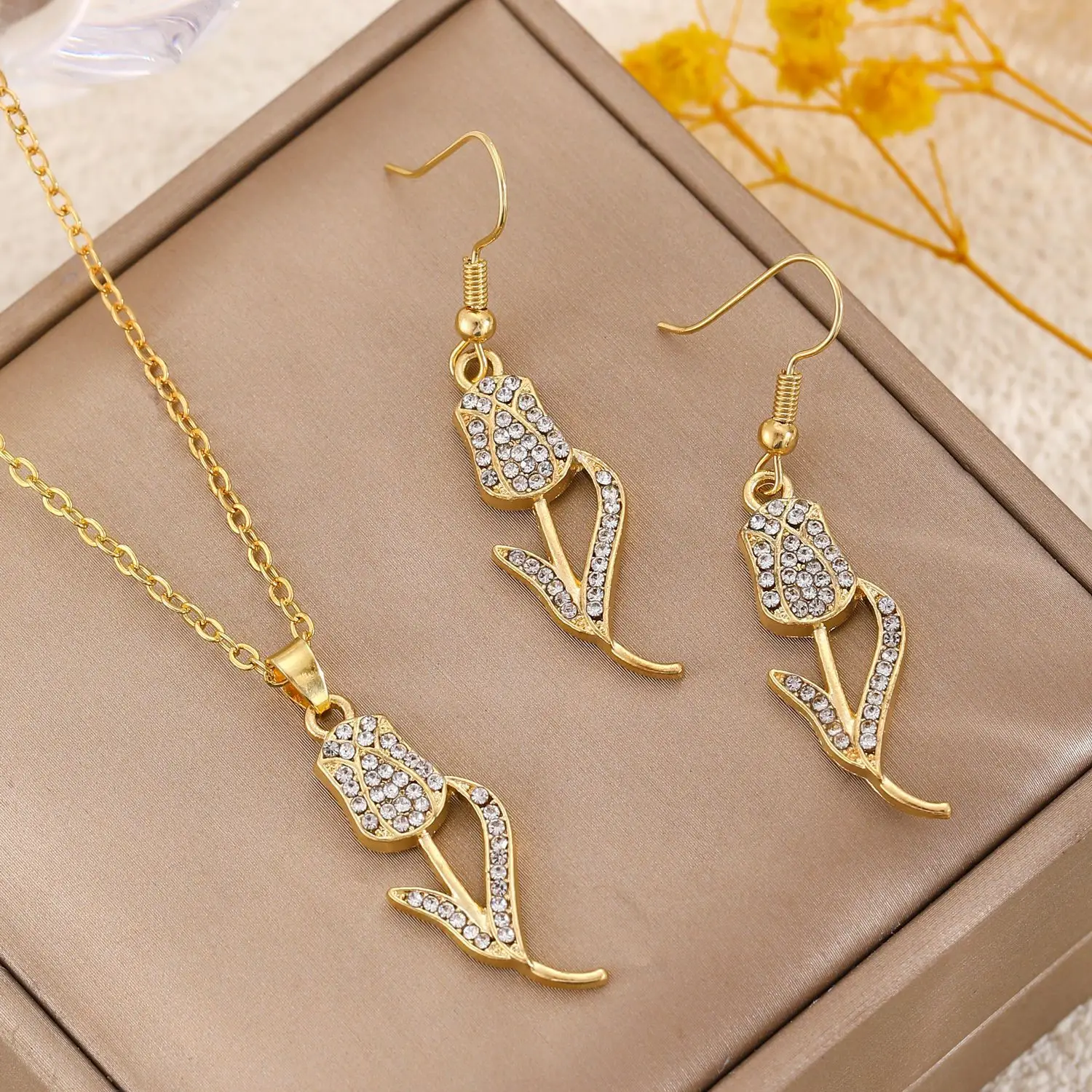 Elegant Diamond Zircon Necklace Earrings Set Gold Plated - Image 45