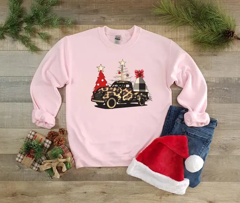 Pink Christmas Car Print Crewneck Sweatshirt - Image 3