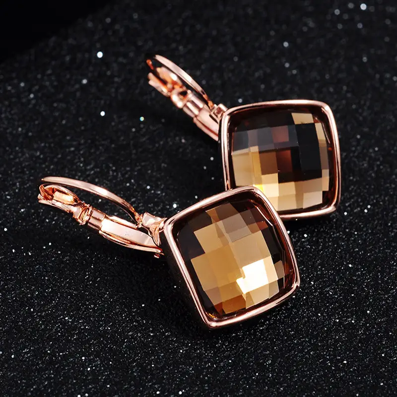 Big Eardrop Earrings for Women Gold Plated Pink Square Design - Image 11