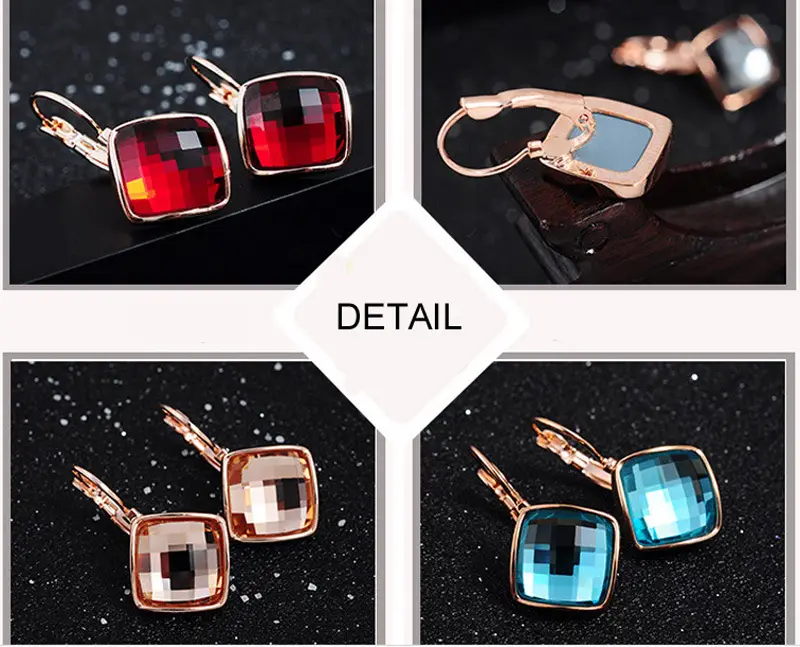 Big Eardrop Earrings for Women Gold Plated Pink Square Design — feature 10