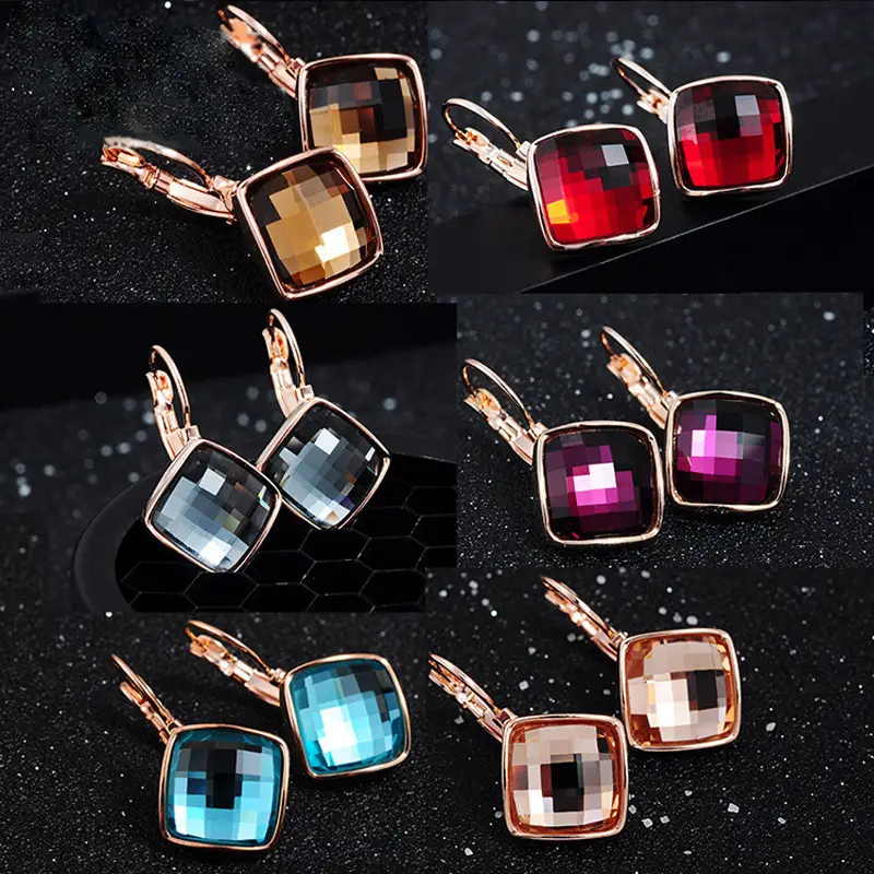 Big Eardrop Earrings for Women Gold Plated Pink Square Design — feature 12