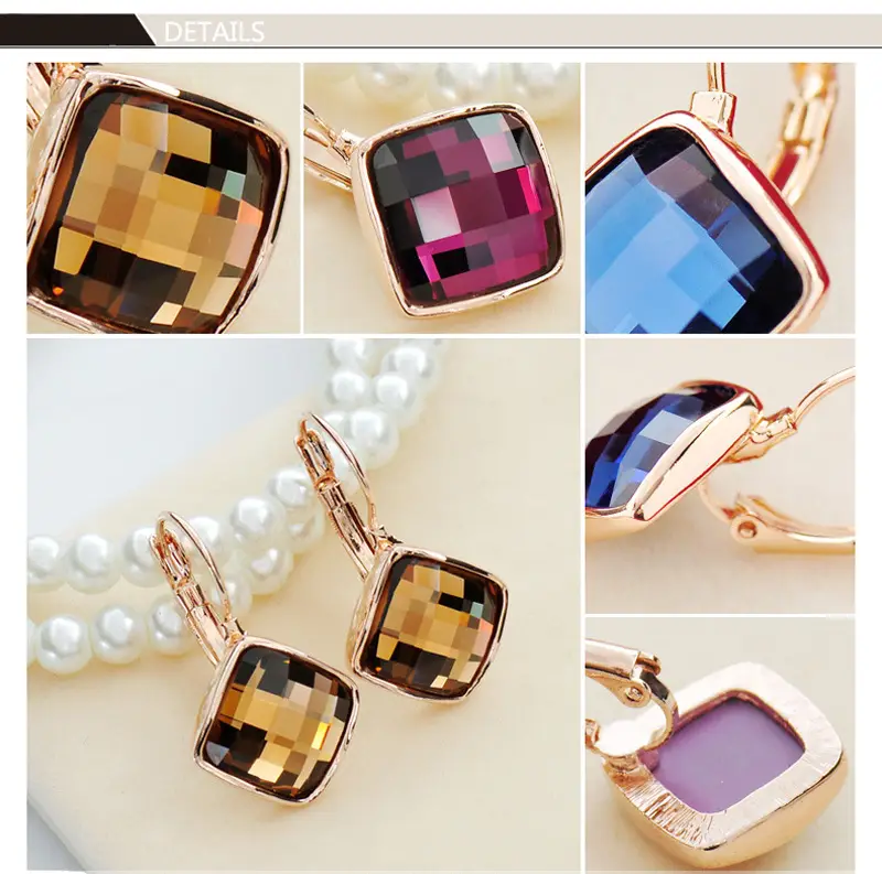 Big Eardrop Earrings for Women Gold Plated Pink Square Design — feature 13