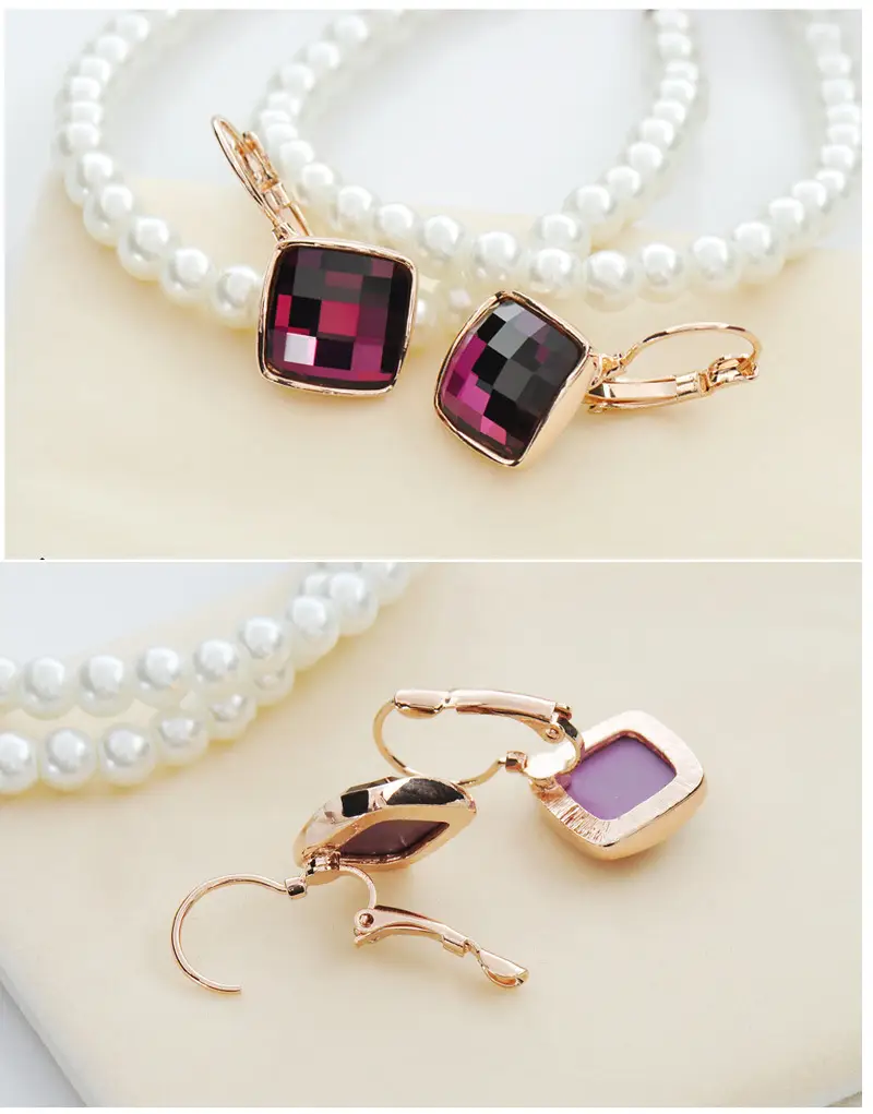 Big Eardrop Earrings for Women Gold Plated Pink Square Design — feature 17