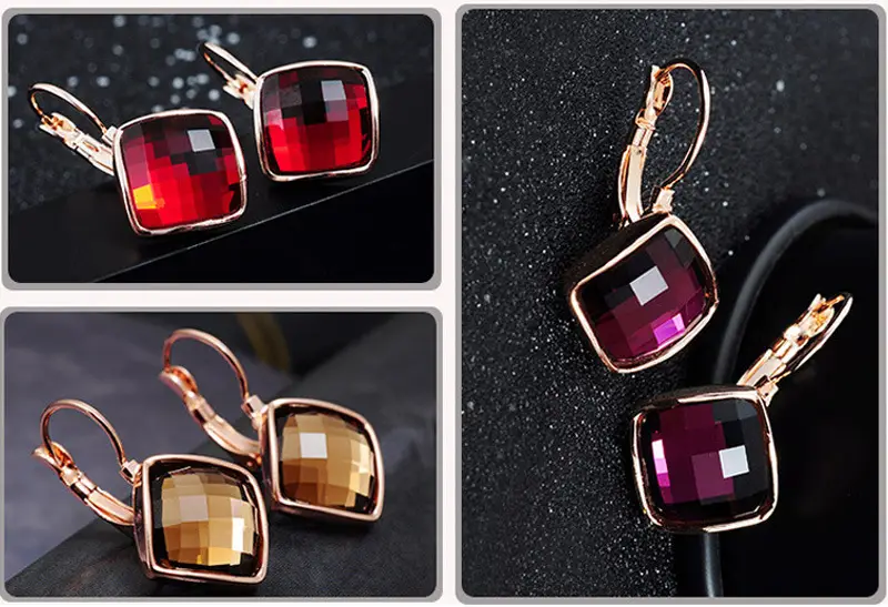 Big Eardrop Earrings for Women Gold Plated Pink Square Design — feature 9