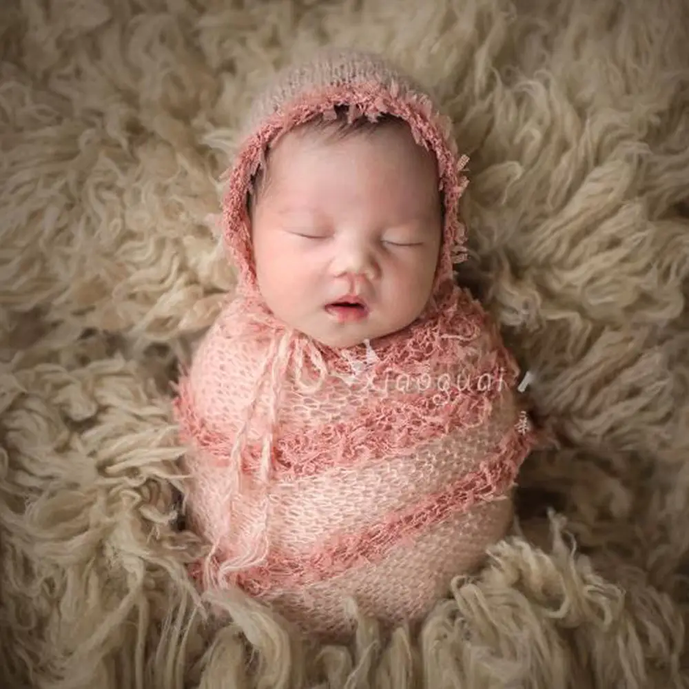 Newborn Photo Wrap with Lace Hat Mohair Yarn - Image 10