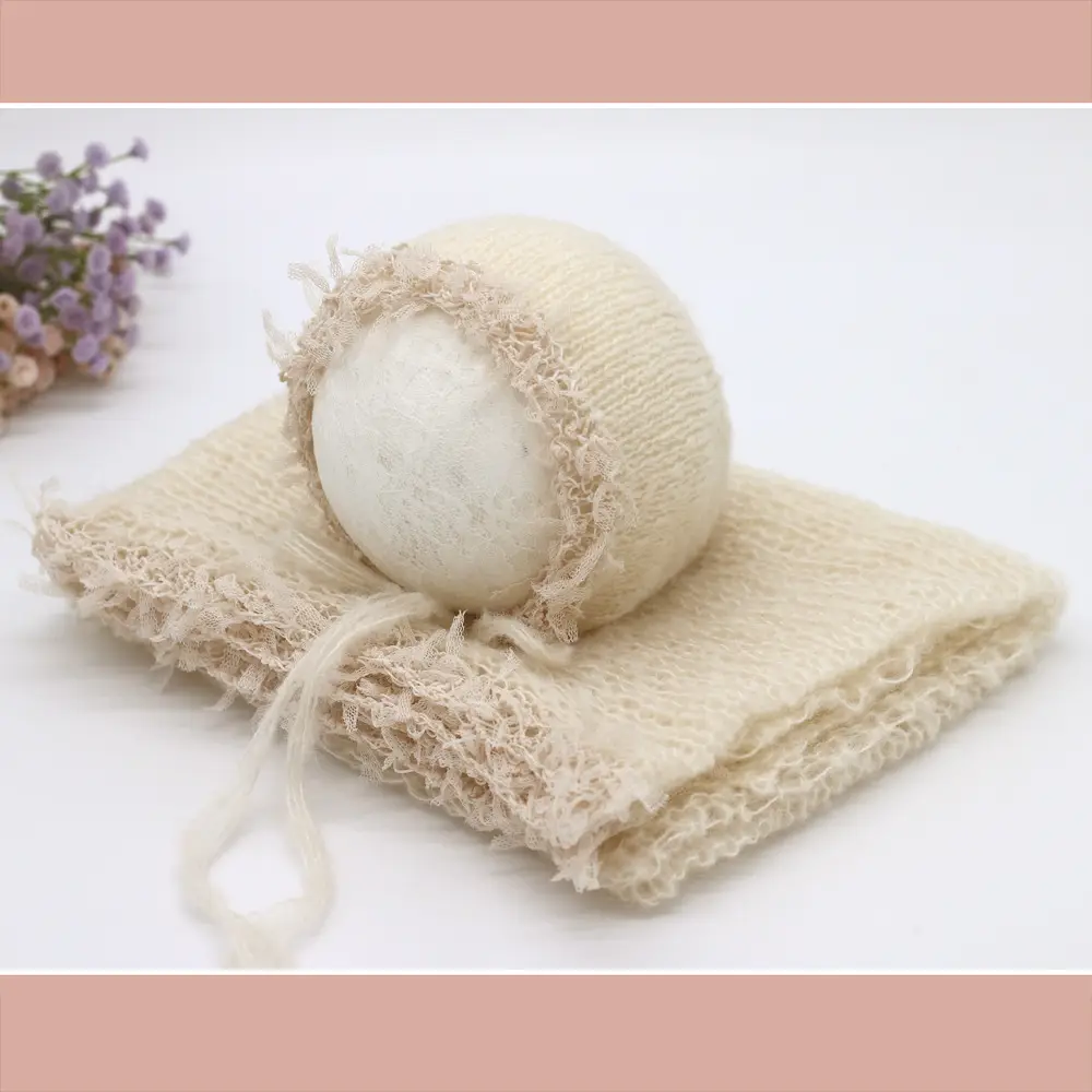Newborn Photo Wrap with Lace Hat Mohair Yarn - Image 2