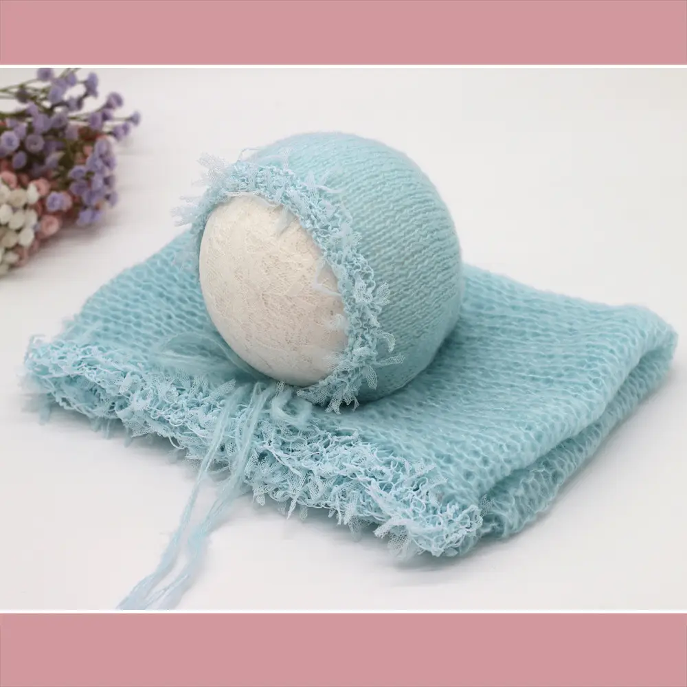 Newborn Photo Wrap with Lace Hat Mohair Yarn - Image 3