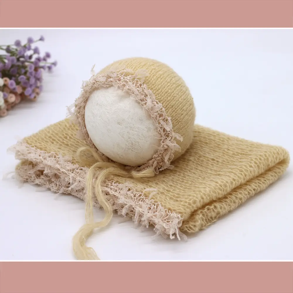 Newborn Photo Wrap with Lace Hat Mohair Yarn - Image 4