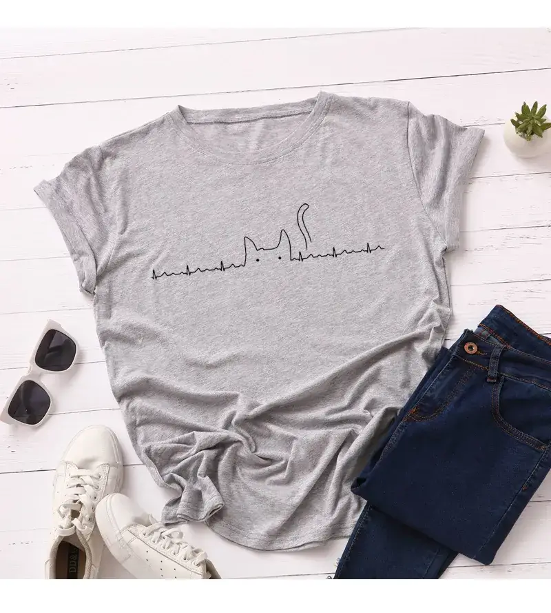 Men Women Yellow T-Shirt with Cat Electrocardio Graphic