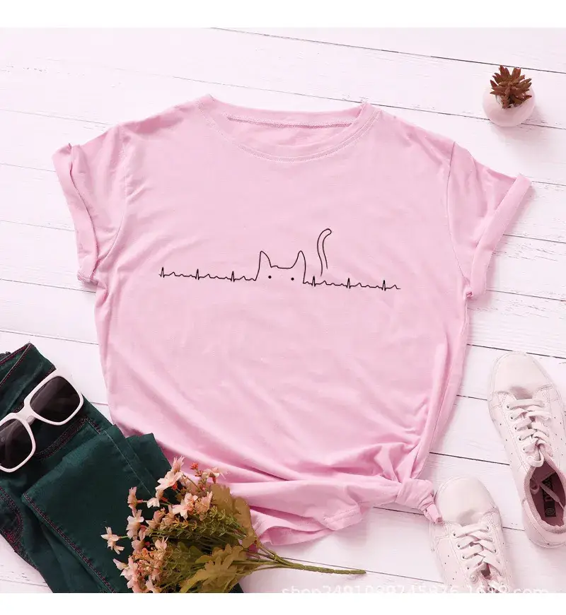 Men Women Yellow T-Shirt with Cat Electrocardio Graphic