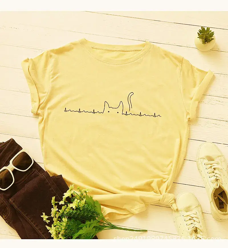 Men Women Yellow T-Shirt with Cat Electrocardio Graphic