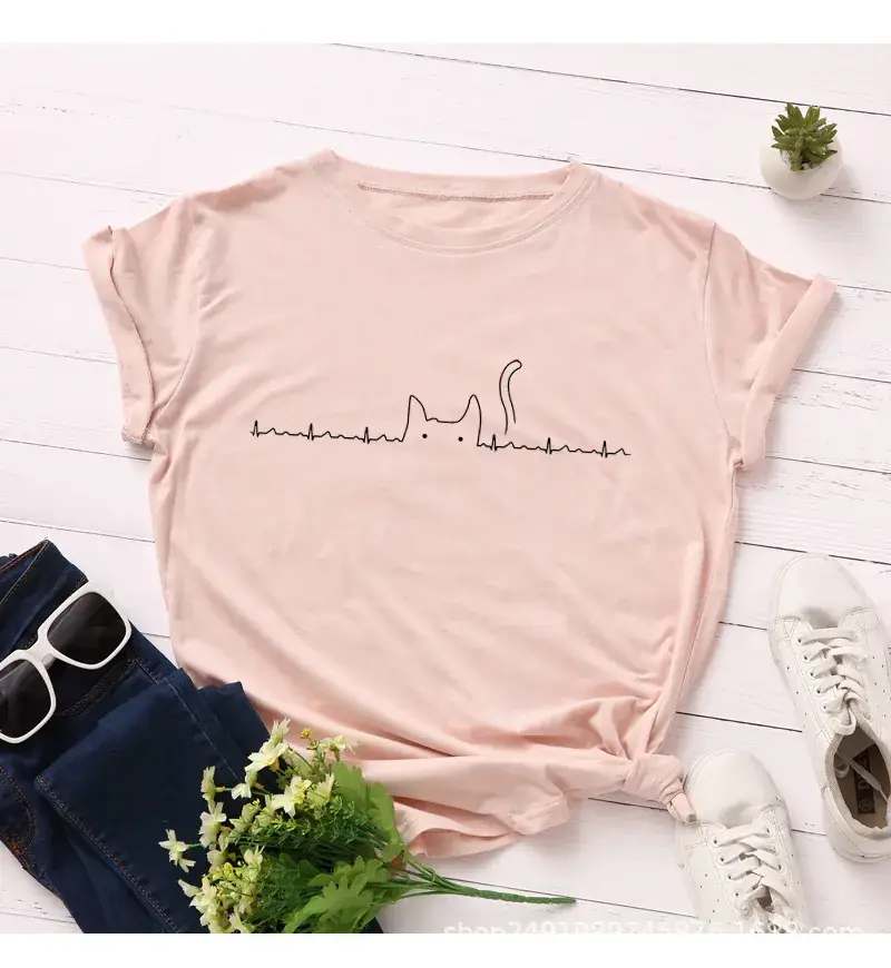 Men Women Yellow T-Shirt with Cat Electrocardio Graphic