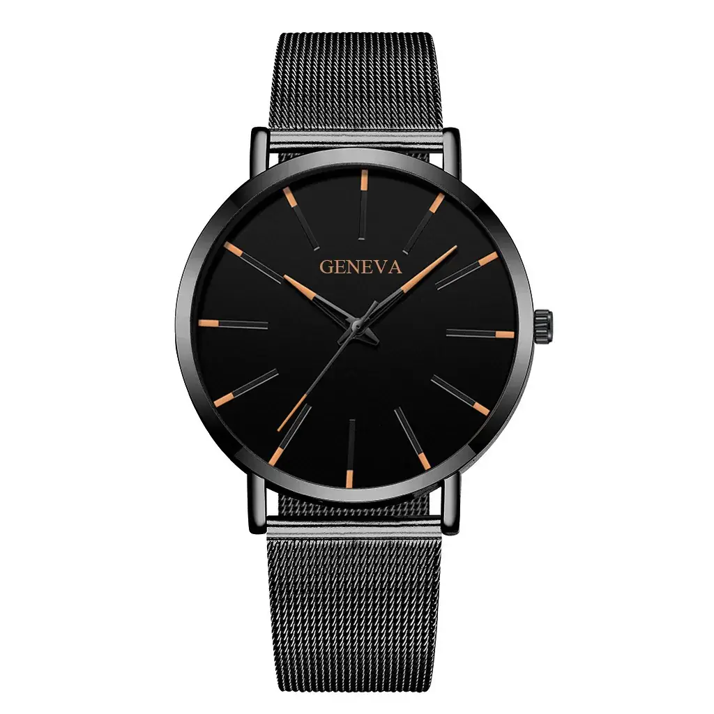 Men's Black Mesh Band Quartz Watch with Silver Dial - Image 2
