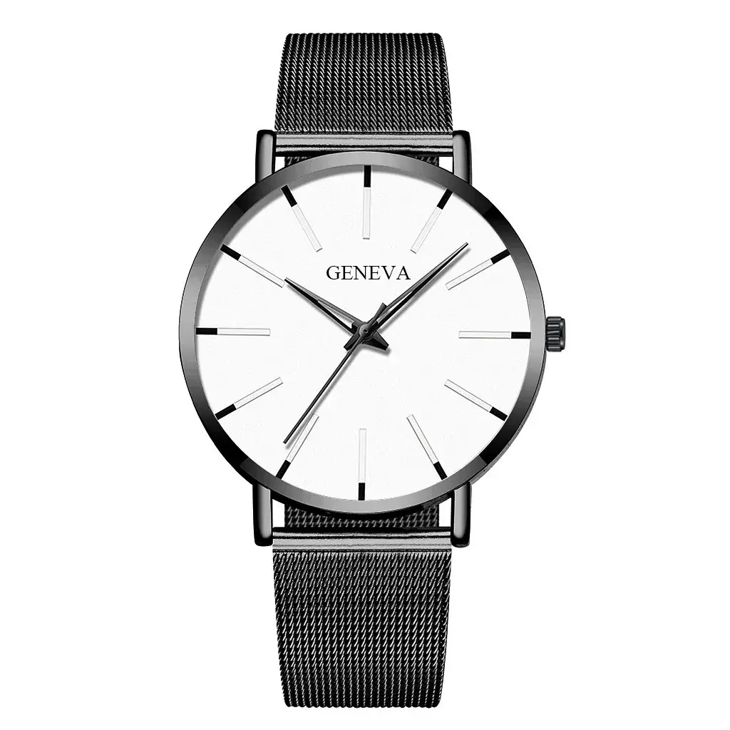Men's Black Mesh Band Quartz Watch with Silver Dial - Image 3