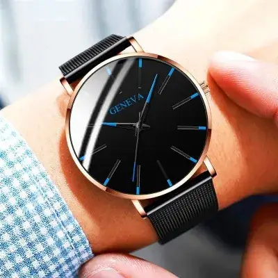 Men's Black Mesh Band Quartz Watch with Silver Dial - Image 7