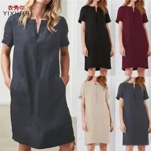 Women Cotton Linen Long Sleeve Shirt Dress Orange Large — feature 28