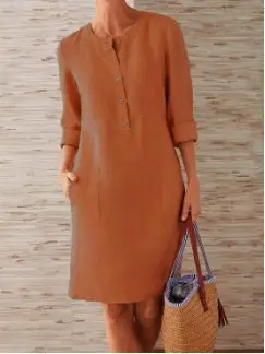 Women Cotton Linen Long Sleeve Shirt Dress Orange Large