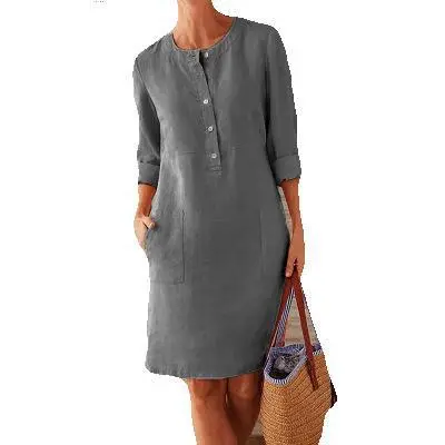 Women Cotton Linen Long Sleeve Shirt Dress Orange Large