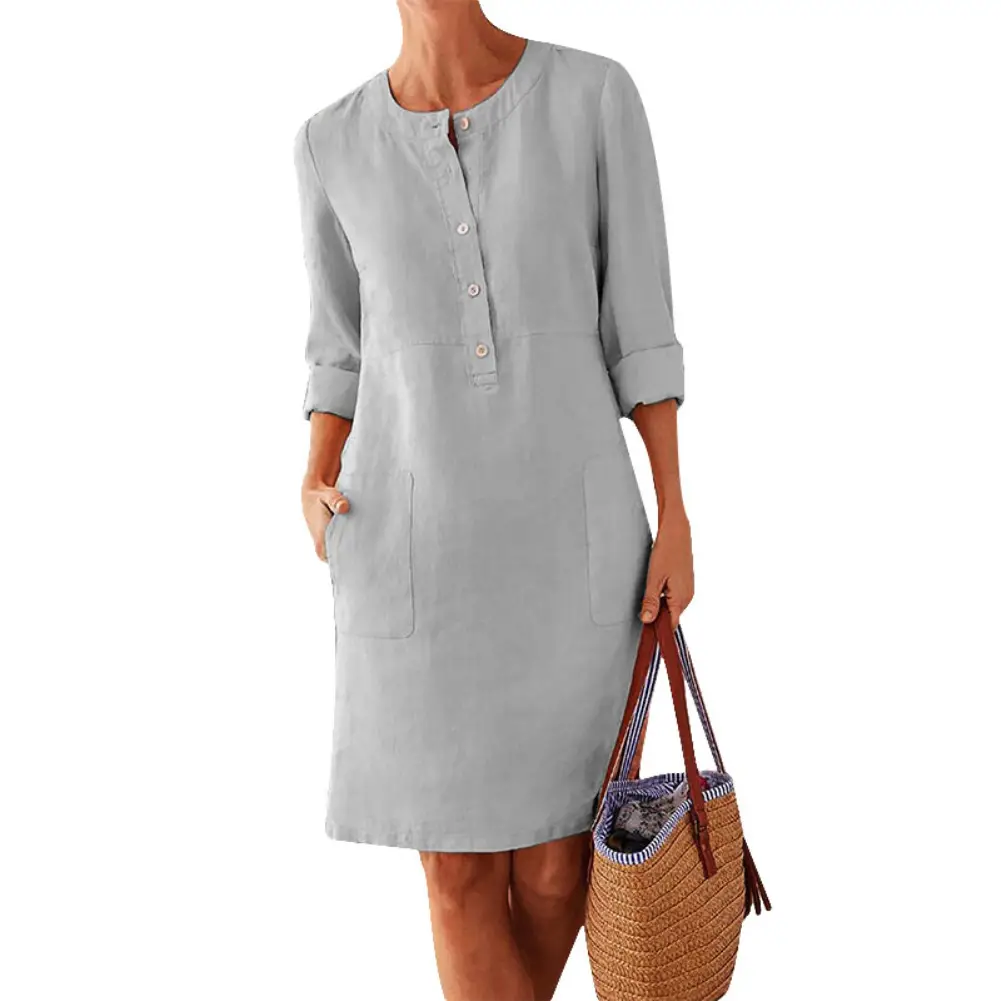 Women Cotton Linen Long Sleeve Shirt Dress Orange Large