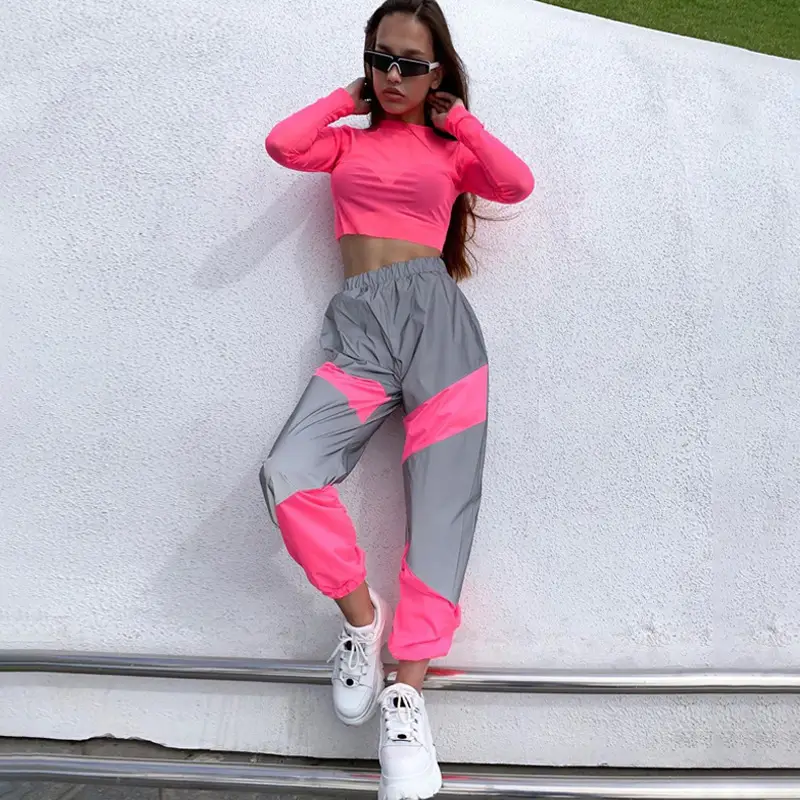 Reflective Patchwork Sports Pants Grey Pink Mid Waist - Image 6