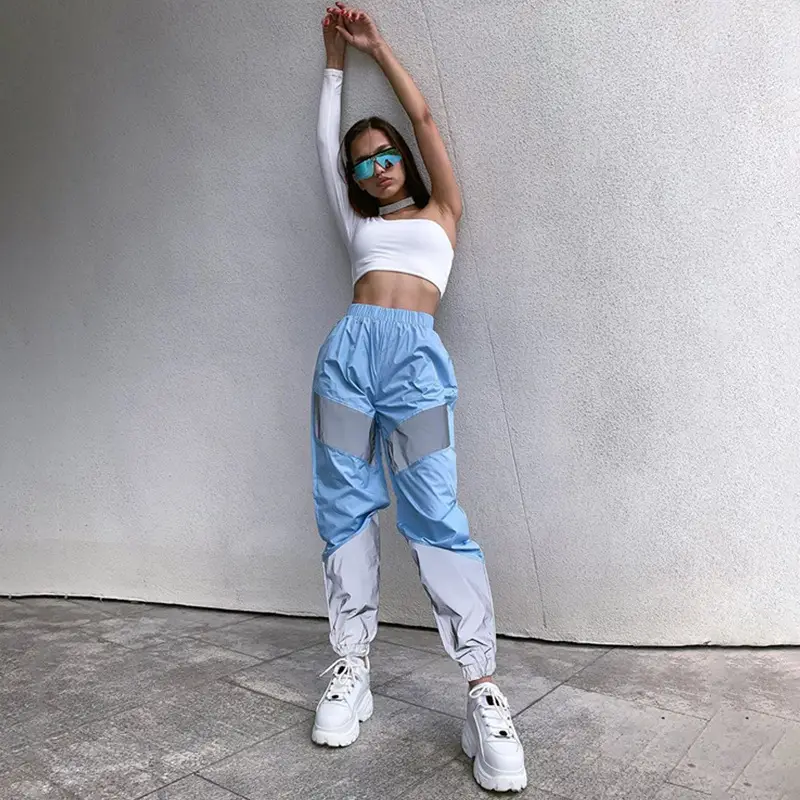 Reflective Patchwork Sports Pants Grey Pink Mid Waist - Image 7