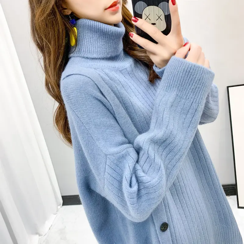 Women's Light Blue Knit Turtleneck Pullover Top