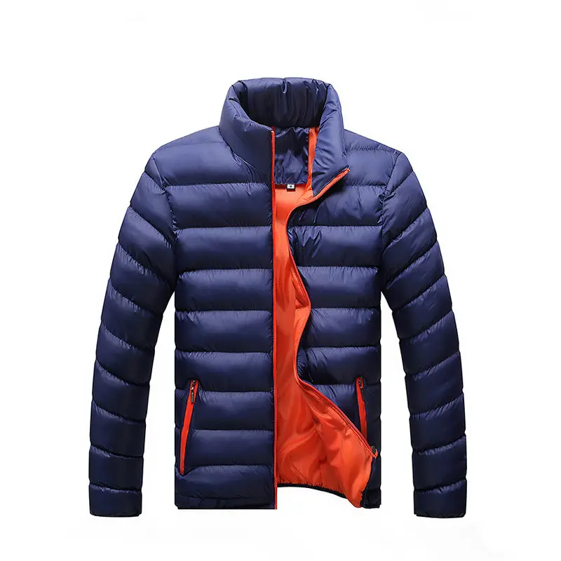 Men Navy Blue Collar Puffer Jacket Large - Image 2