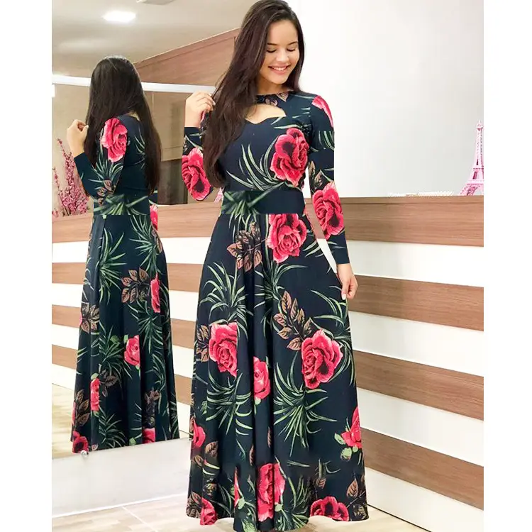 Digital Printed Floral Dress White Red Green European Style
