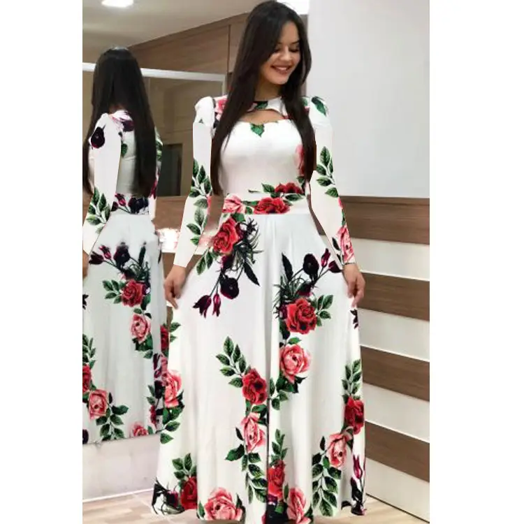 Digital Printed Floral Dress White Red Green European Style