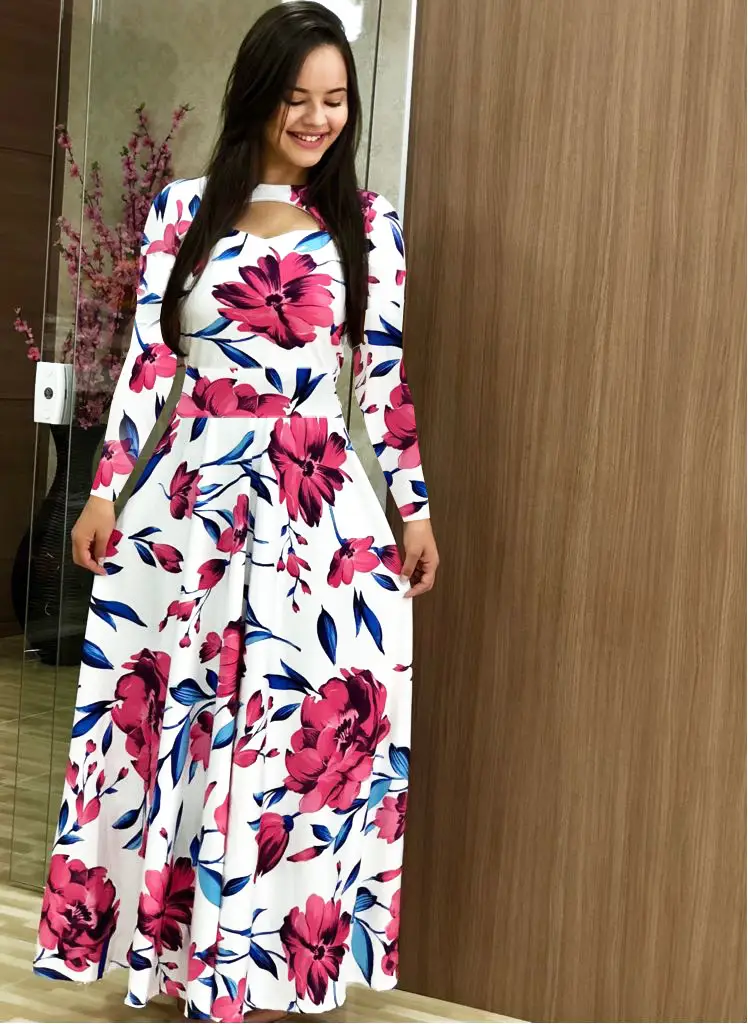 Digital Printed Floral Dress White Red Green European Style