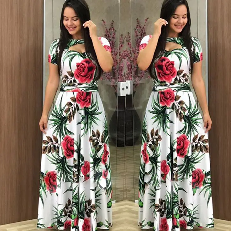 Digital Printed Floral Dress White Red Green European Style